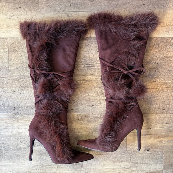 Fashion Nova Brown Faux Fur Pom Pom Heeled Boots - Picture 12 of 12